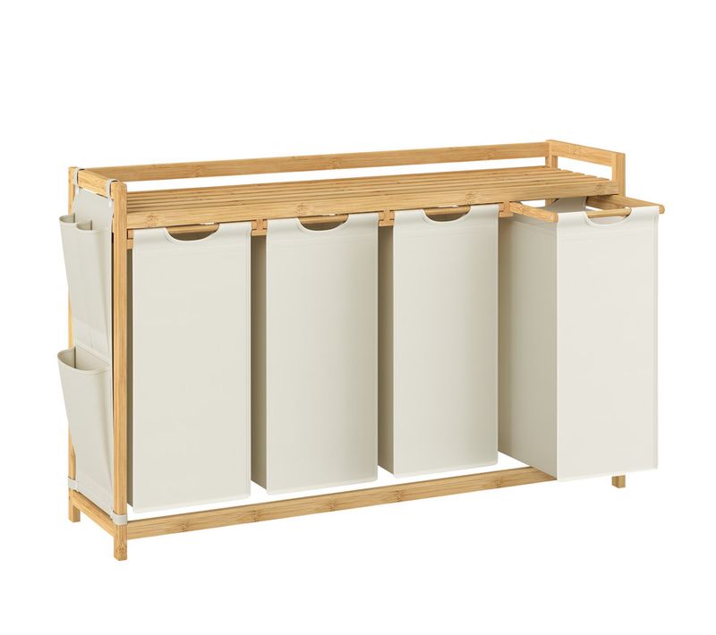 Panier à Linge, Avec 4 Compartiments, En Bambou, 4 X 50 L, 124,6 X 33 X 78 Cm, Blanc Crème