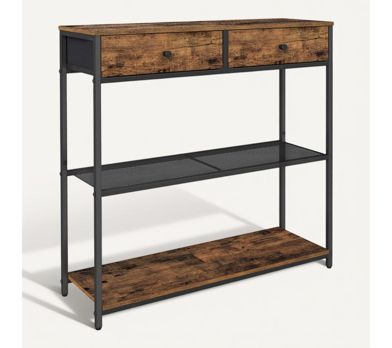 Table Console, Avec 2 Tiroirs En Tissu, 24 X 76 X 80 Cm, Pour Entrée, Salon, Marron Rustique Et Noir