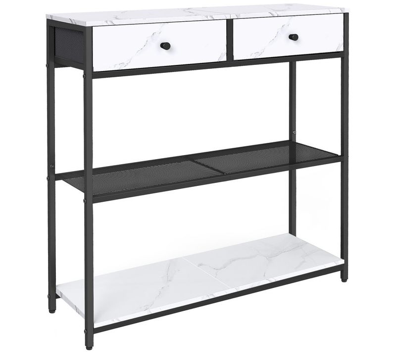 Table Console, Avec 2 Tiroirs En Tissu, 24 X 76 X 80 Cm, Pour Entrée, Salon, Blanc Marbré Et Noir