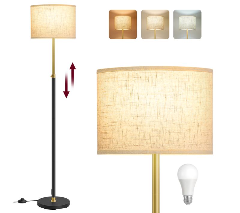 Lampadaire, Hauteur Réglable, Interrupteur à Pied, Abat-jour En Tissu, Douille E27, Doré Et Noir
