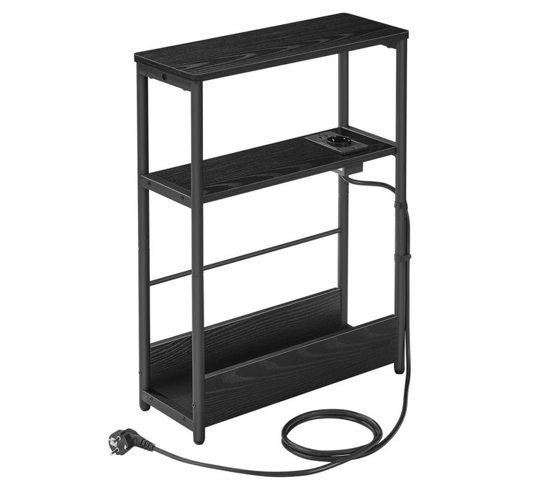 Table D’appoint Fine Avec Multiprise, Table De Chevet à 3 Niveaux, Noir Boisé Et Noir D'encre