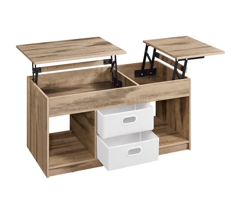 Table Basse, 2 Tiroirs Et Compartiments Cachés,  Compartiments Ouverts, Marron Camel Et Blanc Nuage