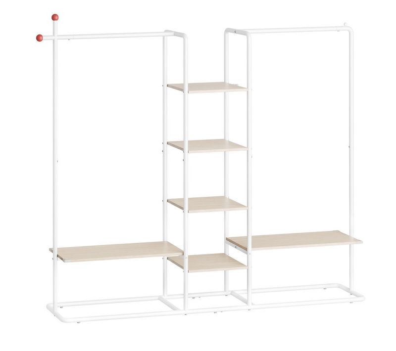 Portant à Vêtement, 6 Étagères De Rangement, 2 Tringles, Beige Naturel Et Blanc Mat