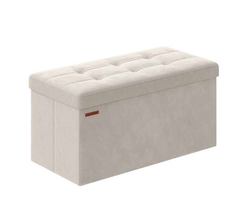 Banc De Rangement, Pouf Pliable, Bout De Lit, Repose-pieds, Charge Jusqu'à 300 Kg, Blanc Crème