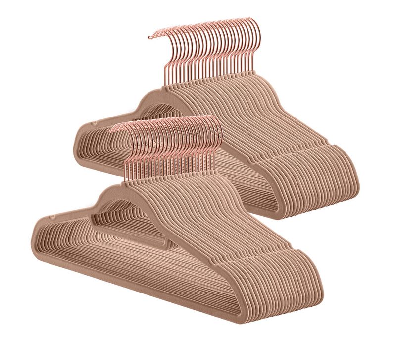 Cintre En Velours, Lot De 50, Antiglisse, Barre à Cravate, Marron Clair Et Rose Gold