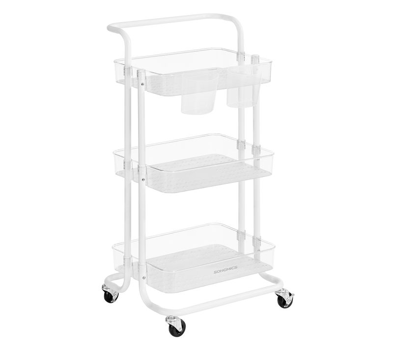 Chariot Mobile à 3 Niveaux, Poignée, 2 Pots, 2 Freins, Paniers En Plastique, Blanc Et Transparent