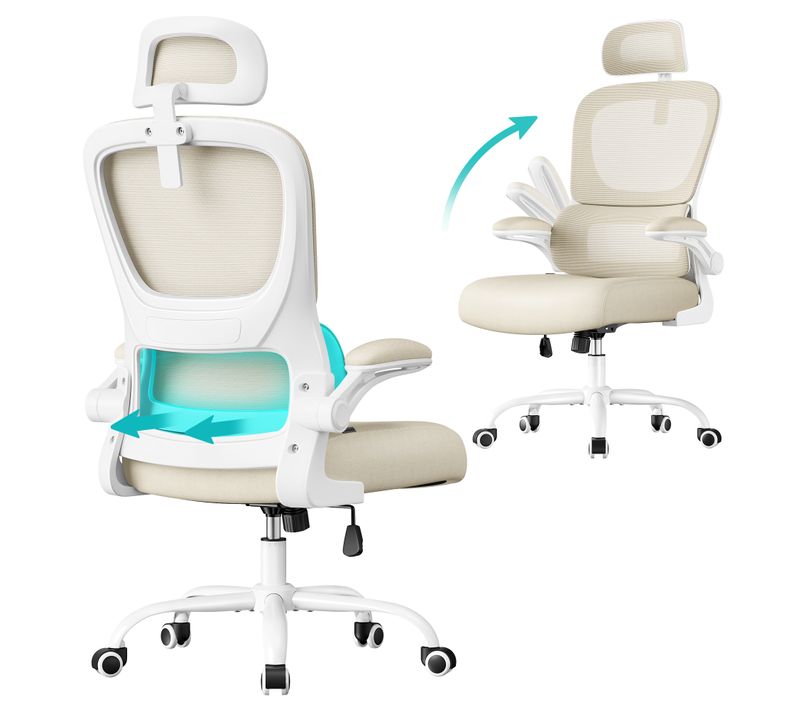 Fauteuil De Bureau, Accoudoirs Rabattables, Soutien Lombaire Et Appui-tête Réglables, Beige Sable