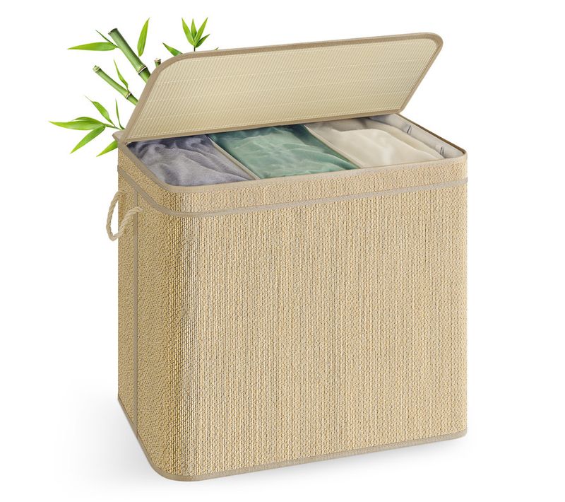 Panier à Linge En Bambou 3 Compartiments, Corbeille à Linge Sale, 170 Litres, Sac Amovible