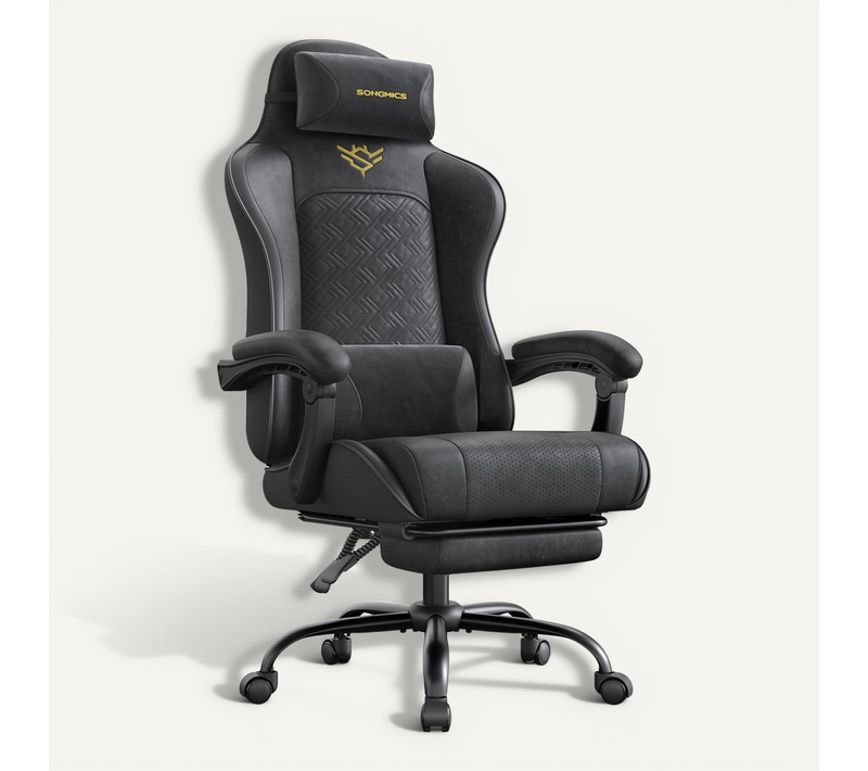 Chaise Gaming, Ergonomique, Coussin D’assise à Ressorts, Repose-pieds, Noir D'encre