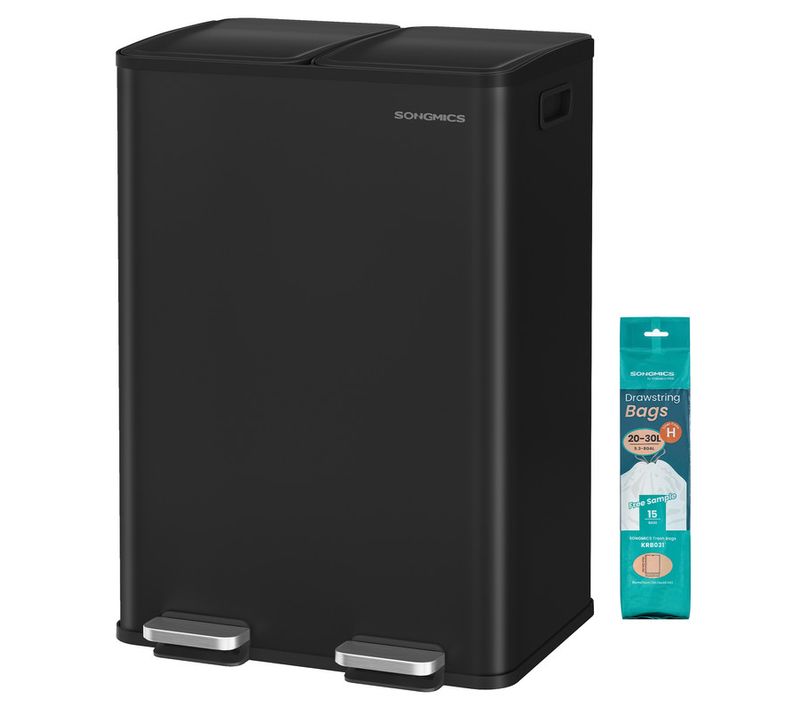 Poubelle De Cuisine, 2 X 30 L, 2 Compartiments, Acier, 15 Sacs Poubelle Inclus, Noir D’encre