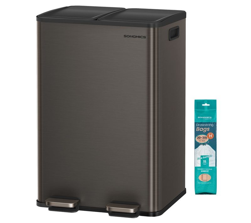 Poubelle De Cuisine, 2 X 30 L, 2 Compartiments, Acier , 15 Sacs Poubelle Inclus, Gris Ardoise