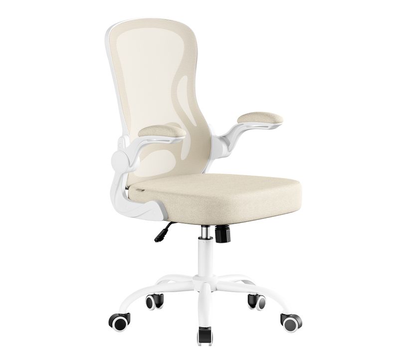 Fauteuil De Bureau Ergonomique Pivotante, Maille, Fonction Basculante, Rabattables, Beige Et Blanc