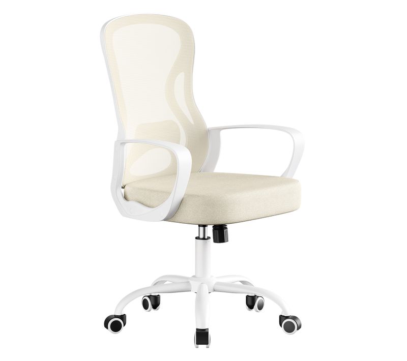 Chaise De Bureau Ergonomique, En Maille, Fonction Bascule, Accoudoirs, Beige Et Blanc