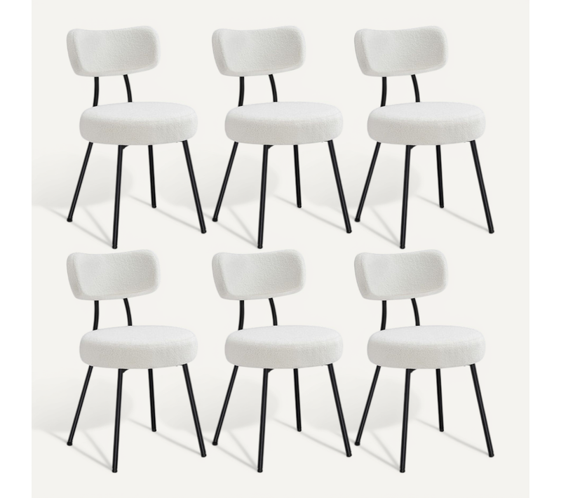 Chaises Salle à Manger, Lot De 6, Tissu Peluche, Dossier Courbé, Blanc Crème