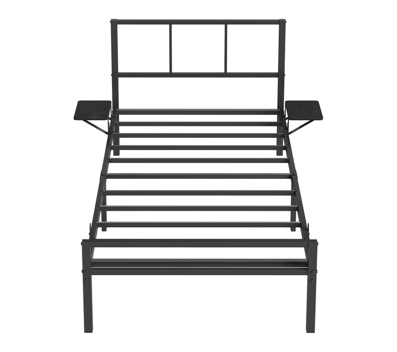 Cadre De Lit 90 X 190 Avec Sommier Métal, Étagères De Rangement, Tête De Lit, Adolescents, Noir