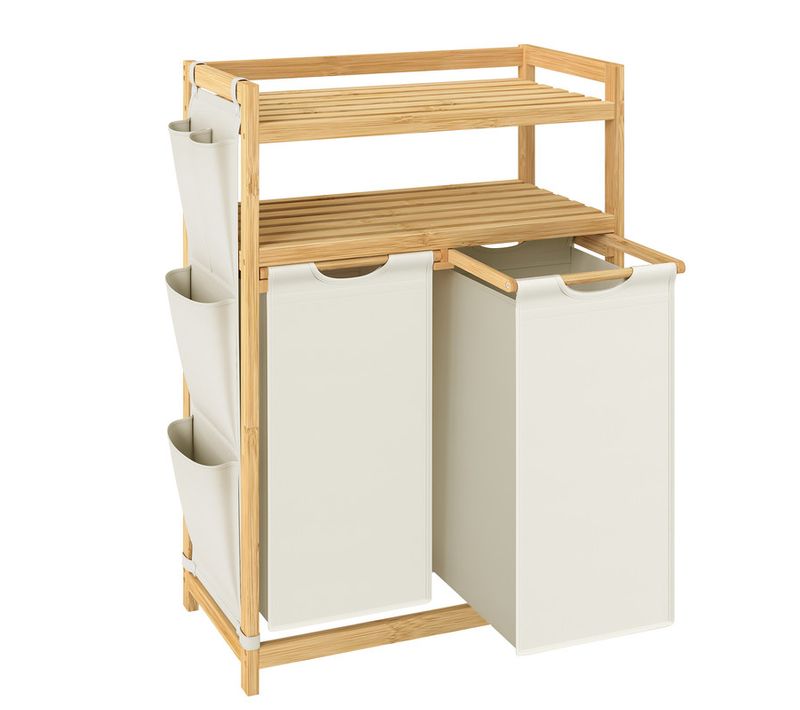 Panier à Linge, Avec 2 Compartiments, Avec Étagère, 2 X 50 L, 63 X 33 X 98 Cm, Blanc Crème