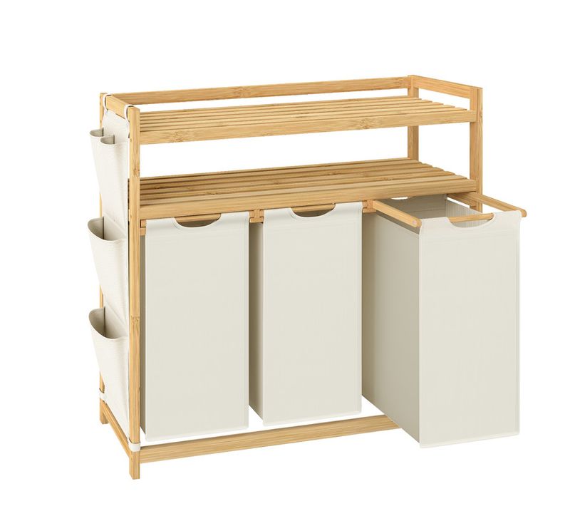 Panier à Linge, Avec 3 Compartiments, En Bambou, Avec Étagère, 3 X 50 L, 94 X 33 X 98 Cm, Blanc