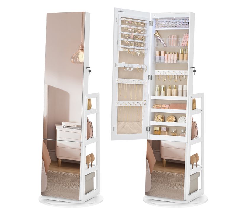 Armoire à Bijoux, Rangement à Bijoux, Miroir Intégral, 4 Étagères De Rangement,rotation à 360°,blanc