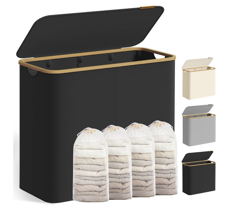 Panier à Linge Avec Couvercle à 4 Compartiments, 200 L, Sac Amovible, Poignées En Bambou, Pliable