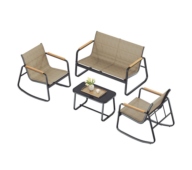 Ensemble De Mobilier De Jardin, 2 Chaises à Bascule Avec Table, Banc, Avec Accoudoirs, Marron