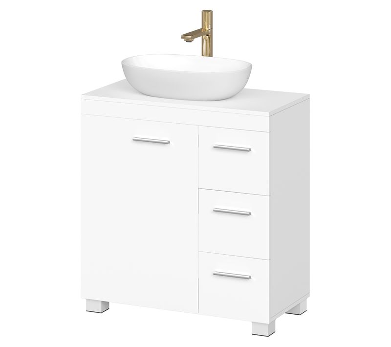 Armoire De Salle De Bain, Meuble Sous Lavabo Avec Pieds, 2 Compartiments Et 3 Tiroirs, Blanc