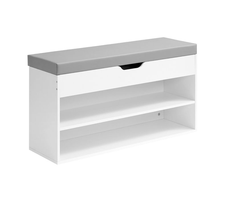 Banc D’entrée Rembourré, 3 Compartiments, Pour Salon Ou Chambre, Assise Confortable, Blanc Et Gris