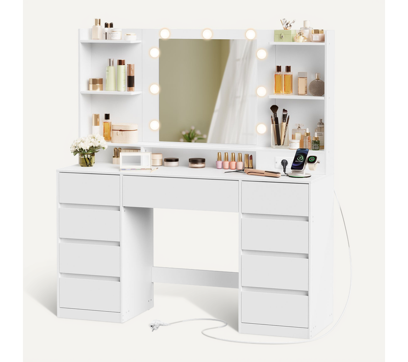 Coiffeuse avec Miroir LED, Multiprise, 9 Tiroirs, 9 Ampoules, Rangement Bijoux, Blanc Nuage