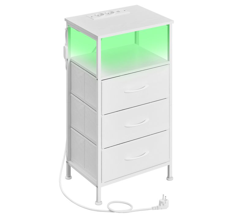 Table De Chevet Avec éclairage LED Et Multiprise, 3 Tiroirs Et 1 Compartiment Ouvert, Blanc