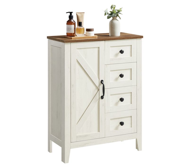 Meuble De Rangement, Armoire Salle De Bain, Avec 4 Tiroirs, Étagère Réglable, Blanc Rustique