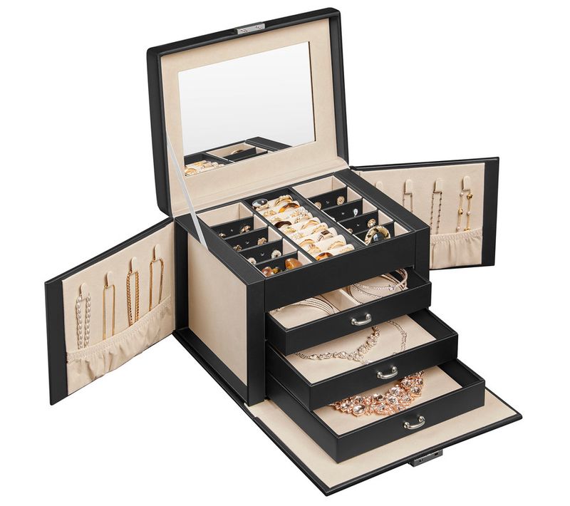 Boîte à Bijoux 4 Niveaux, Avec Poignées, Miroir, Serrure, Surface Noir D'encre, Doublure Beige Sable