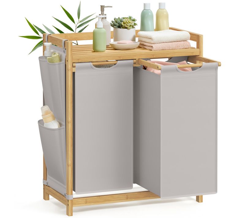 Panier à Linge, En Bambou, 100 Litres, Avec Étagère, 2 X 50 L, 63 X 33 X 78 Cm, Gris Tourterelle