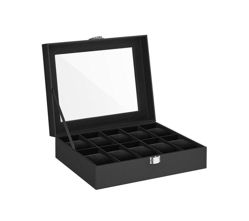 Boîte à Montres à 10 Emplacements, Couvercle En Verre, Revêtement En Noir Et Doublure En Noir