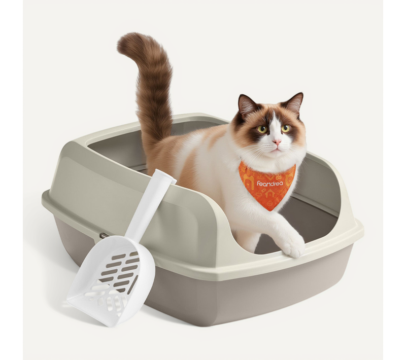 Bac à Litière Pour Chat, Parois Hautes, XXL, Ouvert Sur Le Dessus, Avec Pelle, Beige
