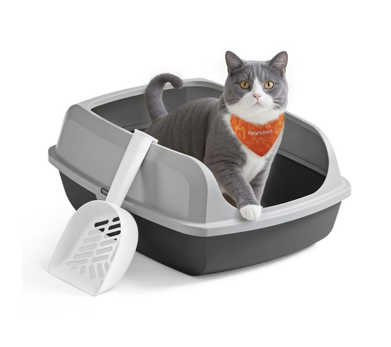 Bac à Litière Pour Chat, Parois Hautes, Xl, Ouvert Sur Le Dessus, Avec Pelle, Gris