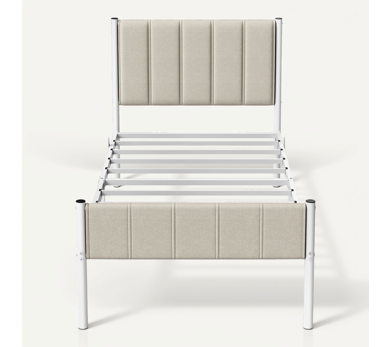 Lit Simple Avec Structure En Acier, 90 X 190 Cm, Tête De Lit Capitonnée, Montage Rapide, Beige