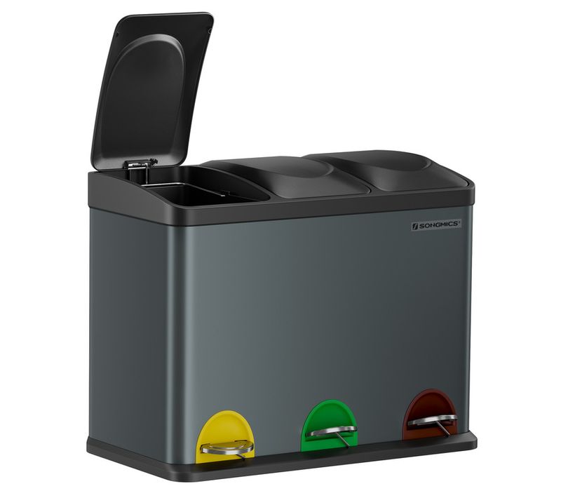 Poubelle De Cuisine Triple, En Métal, Volume 45l, 3 X 15l, Avec Couvercle, En Acier, Gris