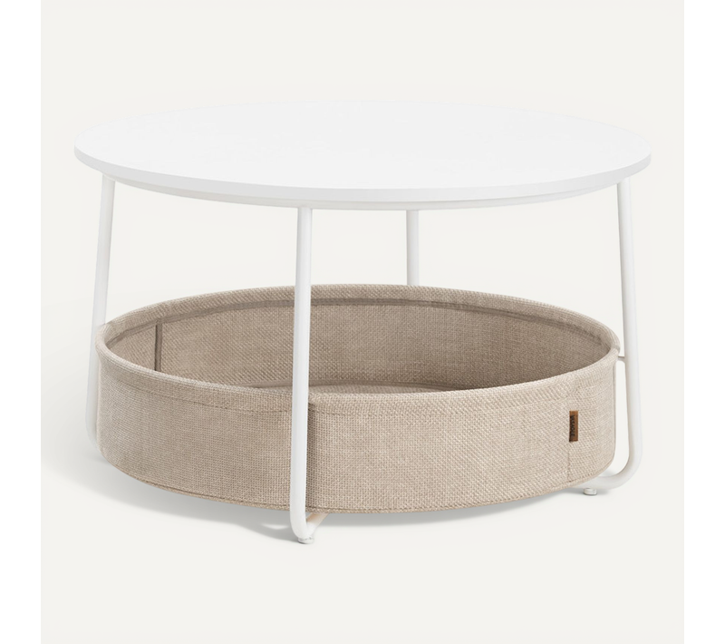 Table Basse Ronde Avec Rangement, Avec Panier En Tissu, Cadre En Métal, Blanc Mat Et Marron Camel