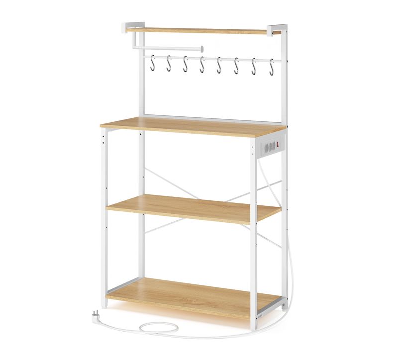 Meuble De Rangement Cuisine Avec Étagère Réglable, 8 Crochets, Bar à Café, 4 Niveaux, Blanc Et Chêne