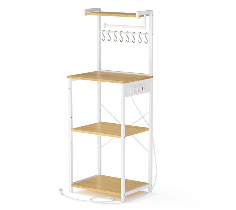 Meuble De Rangement Cuisine Avec Étagère Réglable, 8 Crochets, Bar à Café, 4 Niveaux, Blanc Et Chêne