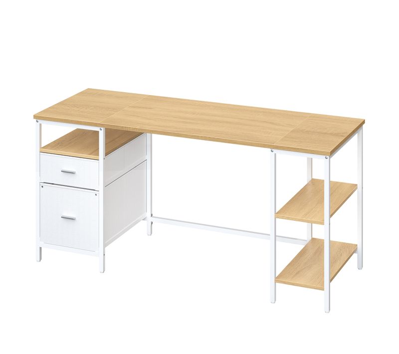 Bureau D’ordinateur, 3 Étagères, 2 Tiroirs, 160 X 60 X 76 Cm, Couleur Chêne Et Blanc