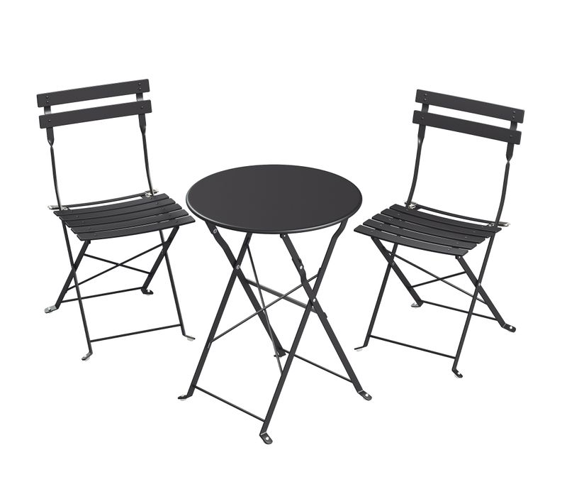 Ensemble Mobilier De Jardin Pliable, 3 Pièces, Acier Résistant, Table Et Chaises, Noir
