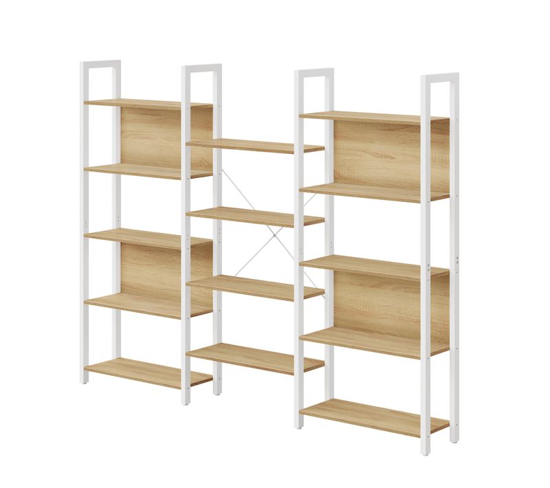 étagère De Rangement Modulable, Bibliothèque Industrielle à 14 Niveaux, Métal, Blanc Et Chêne