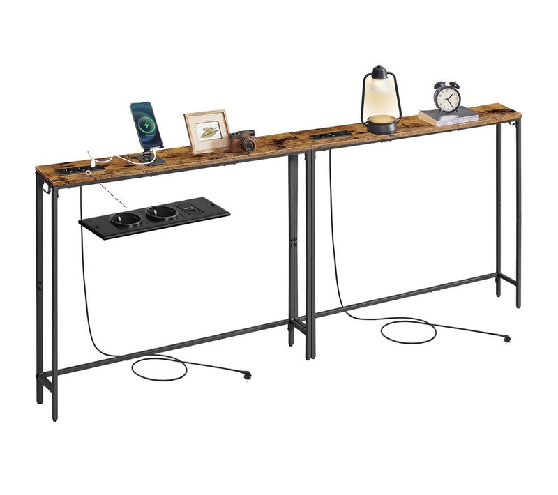 Lot De 2 Tables Consoles Avec Multiprise, 15 X 100 X 80 Cm, Marron Rustique Et Noir D'encre