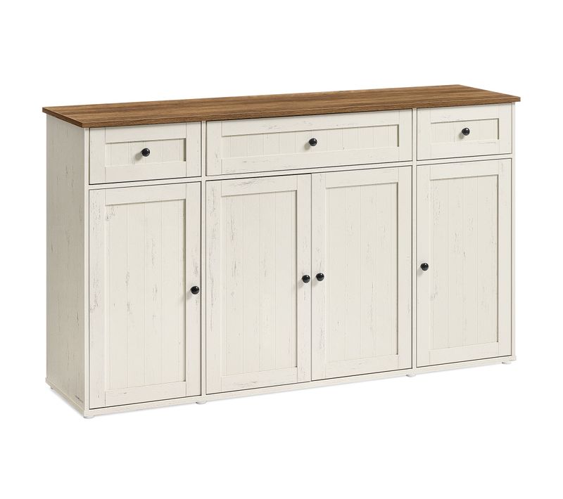 Buffet, Meuble De Rangement De Cuisine Avec Plan De Travail, Blanc Rustique Et Marron Miel