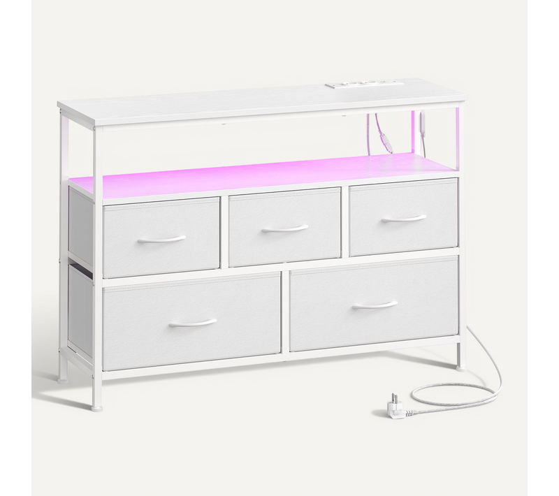 Meuble De Rangement Avec LED Réglable Et Multiprise, 5 Tiroirs En Tissu, Chambre, Blanc