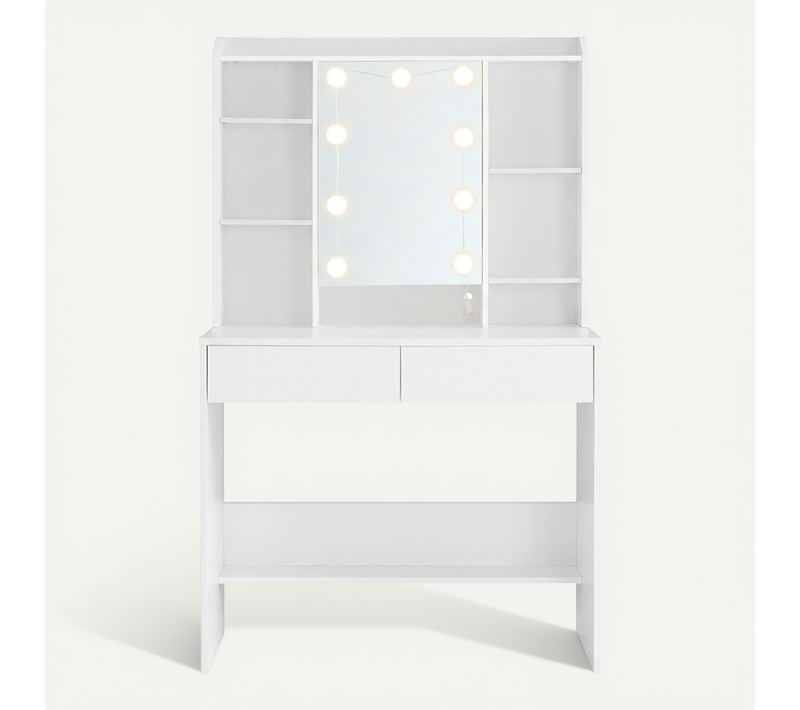 Coiffeuse, 3 Tonalités Et Luminosité Réglable, Moderne, Avec Miroir, étagères Réglables, Blanc Nuage