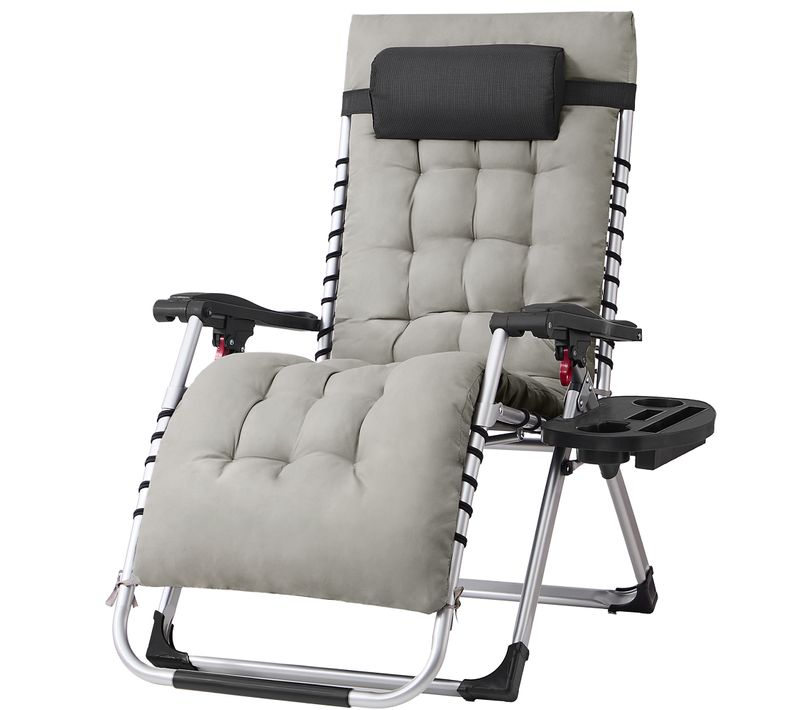 Chaise Longue Pliante Avec Coussin Amovible, En Acier, Avec Tablette Et Pochette, Gris Clair