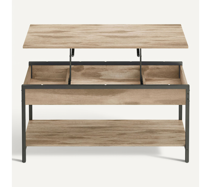 Table De Café Avec Plateau Relevable, Rangement Caché Et Ouvert, 100 X 50 Cm, Marron Camel Et Noir
