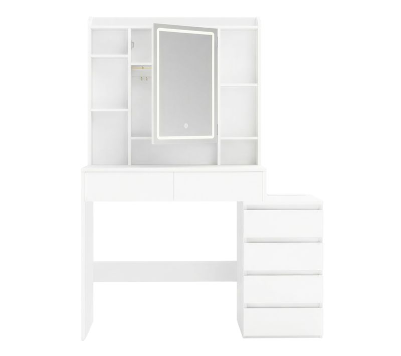 Coiffeuse, Avec Grand Miroir LED à Luminosité Réglable, Multiprise, 40 X 105 X 145 Cm, Blanc