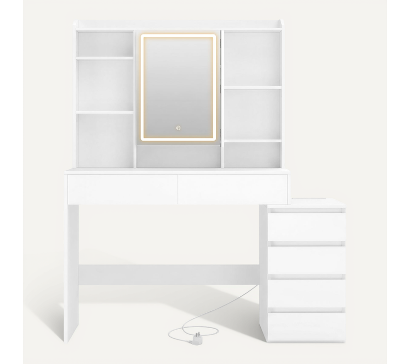 Coiffeuse, Avec Grand Miroir LED à Luminosité Réglable, Multiprise, 40 X 124,7 X 145 Cm, Blanc